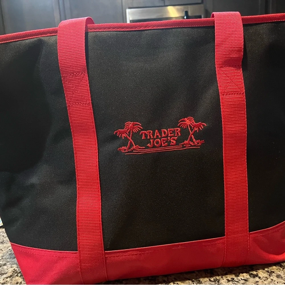 Trader Joe's Black and Red Insulated shopping Tote Bag.